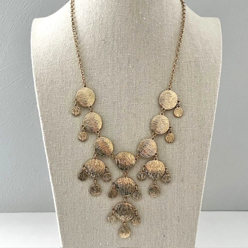 Brushed Gold Medallion Bib Fringe Statement Necklace - Picture 2 of 4